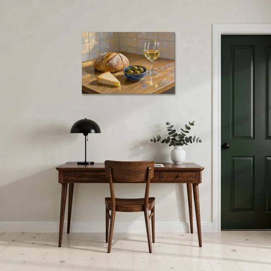 Kitchen Table Painting with Bread, Olives and Wine - Canvas Wall Art - Office - 36x24