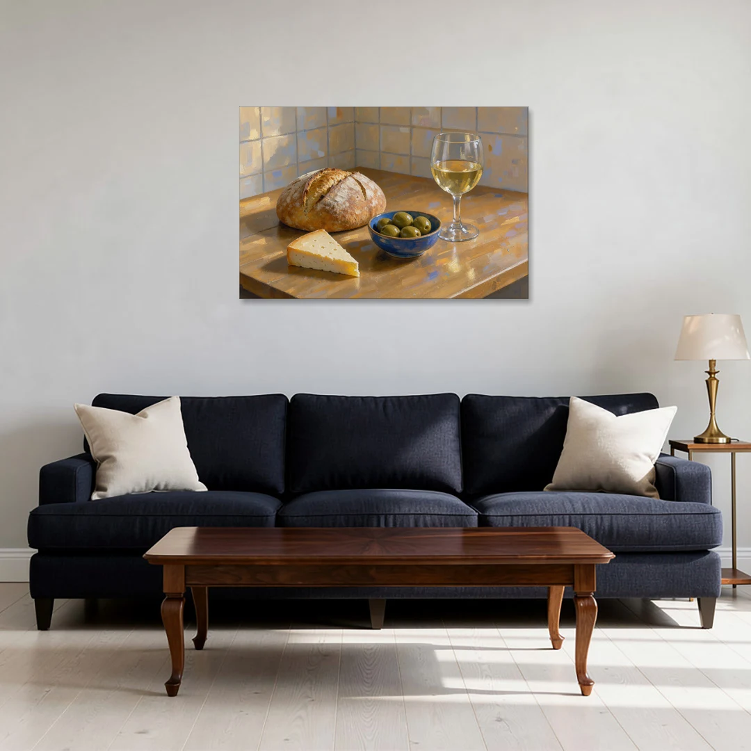 Kitchen Table Painting with Bread, Olives and Wine - Canvas Wall Art - Sofa - 36x24