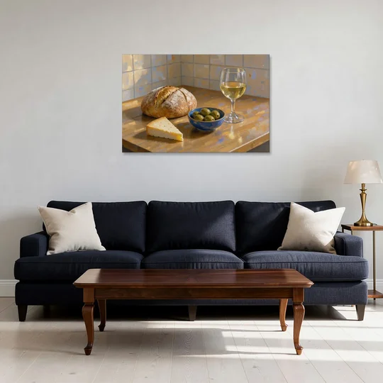Kitchen Table Painting with Bread, Olives and Wine - Canvas Wall Art - Sofa - 36x24