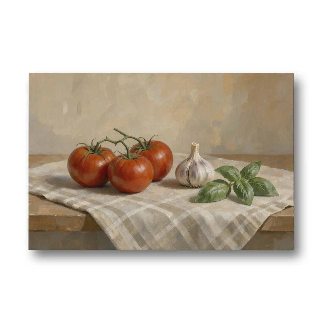 Kitchen Wall Art Canvas of Vine Tomatoes and Garlic - Canvas Wall Art - Front