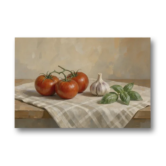 Kitchen Wall Art Canvas of Vine Tomatoes and Garlic - Canvas Wall Art - Front