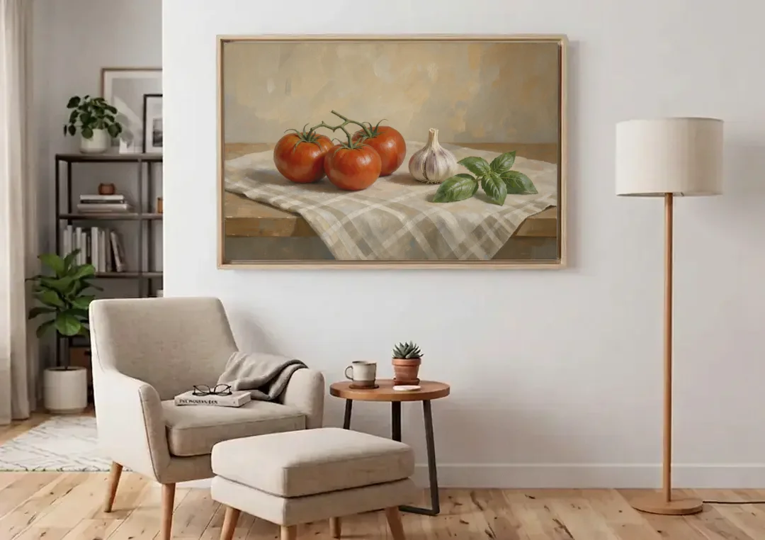 Kitchen Wall Art Canvas of Vine Tomatoes and Garlic canvas wall art above an armchair in a bright living room