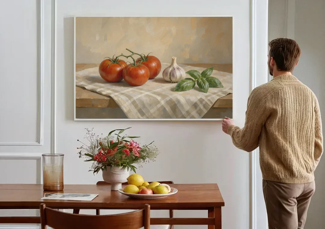 Kitchen Wall Art Canvas of Vine Tomatoes and Garlic canvas wall art above a dining table
