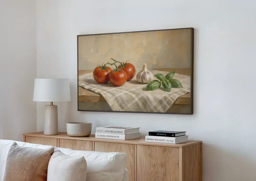 Kitchen Wall Art Canvas of Vine Tomatoes and Garlic canvas wall art above a wooden sideboard next to a sofa