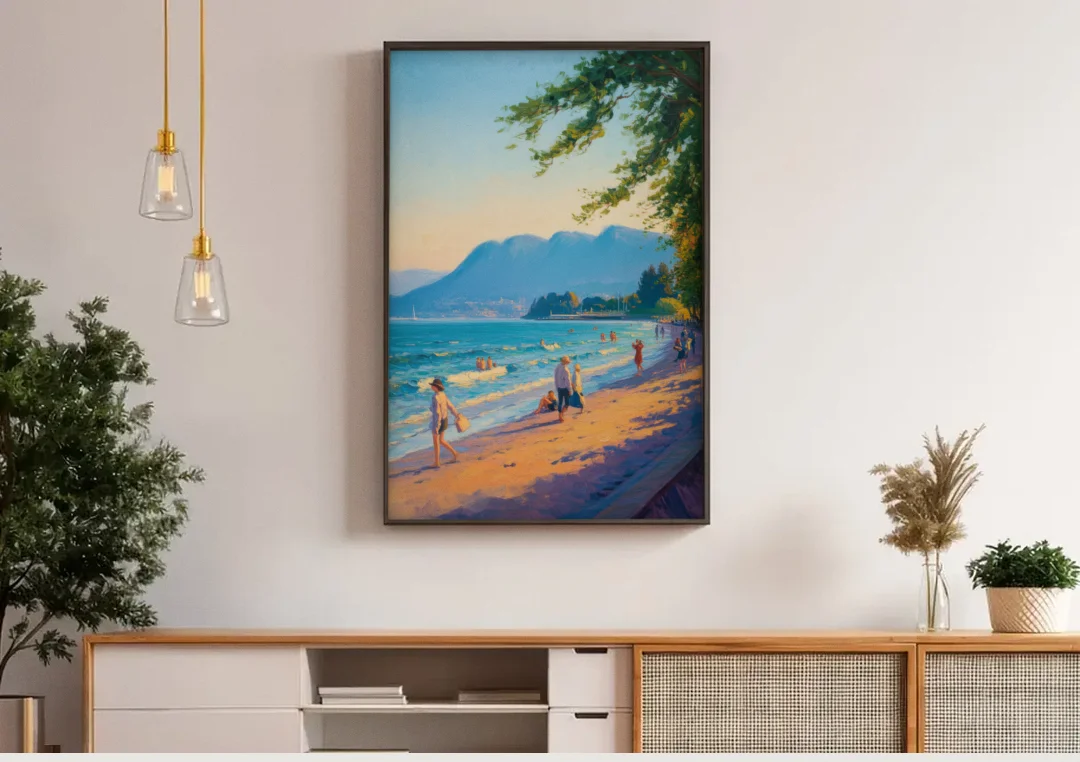 Kitsilano Beach Day canvas wall art above a wooden sideboard under pendant lights