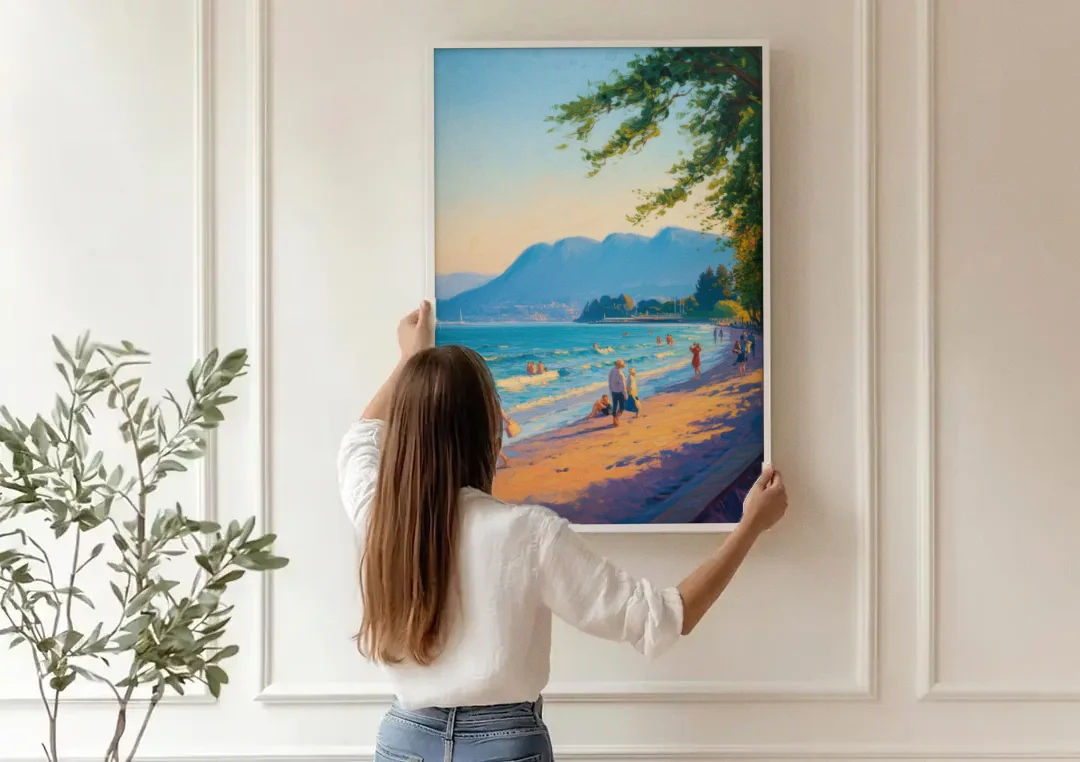 Kitsilano Beach Day canvas wall art being hung on a paneled wall