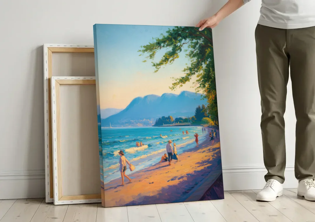 Kitsilano Beach Day canvas wall art leaning against a wall next to blank canvases