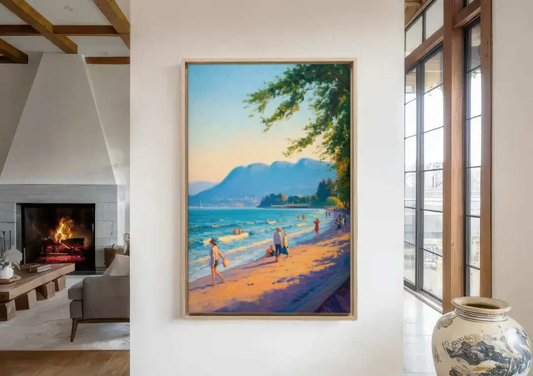 Kitsilano Beach Day canvas wall art in a living room with a fireplace