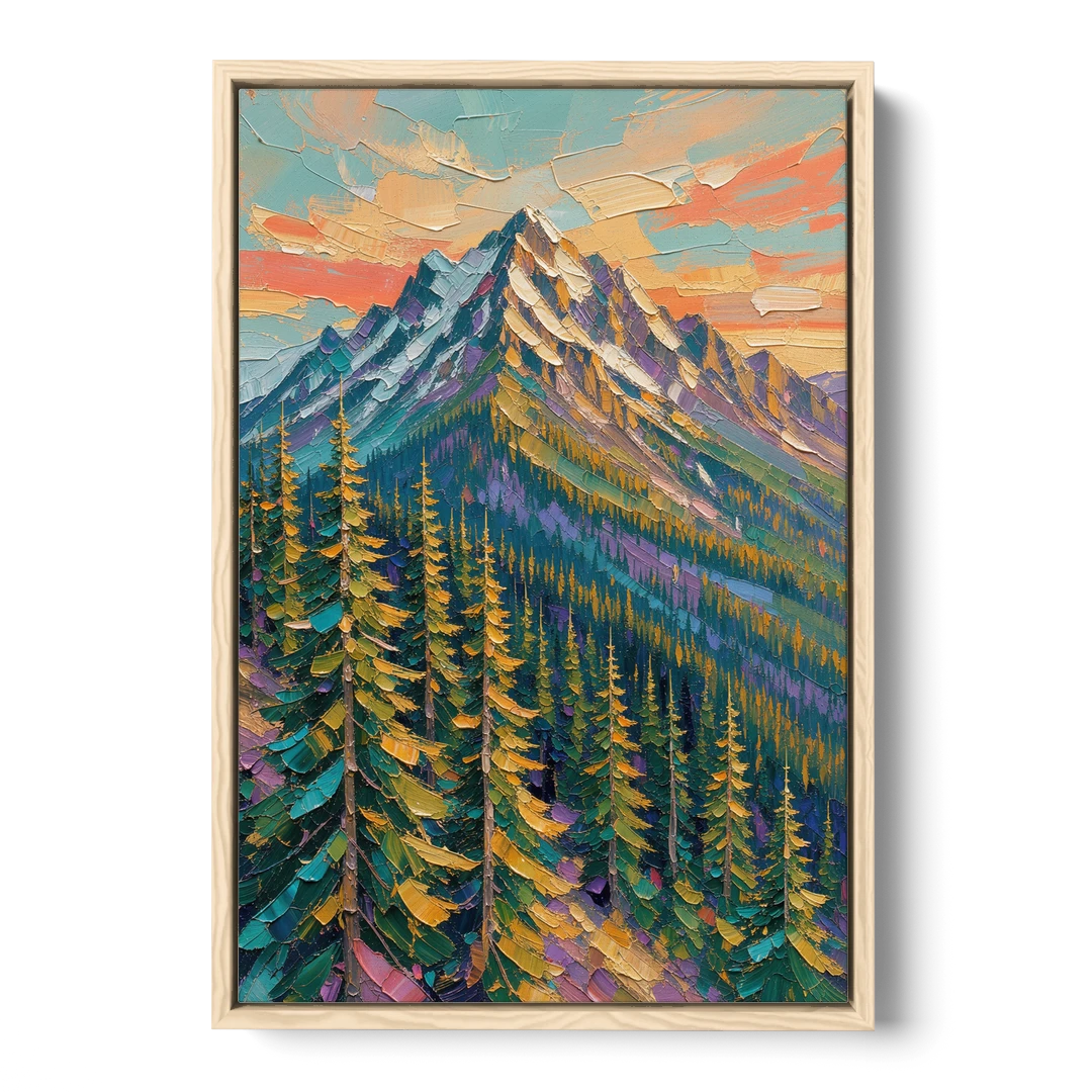 Knife-Laid Forest Pines Below the Mountain Peak - Oak Framed Canvas Wall Art - Front