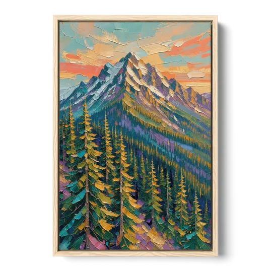 Knife-Laid Forest Pines Below the Mountain Peak - Oak Framed Canvas Wall Art - Front