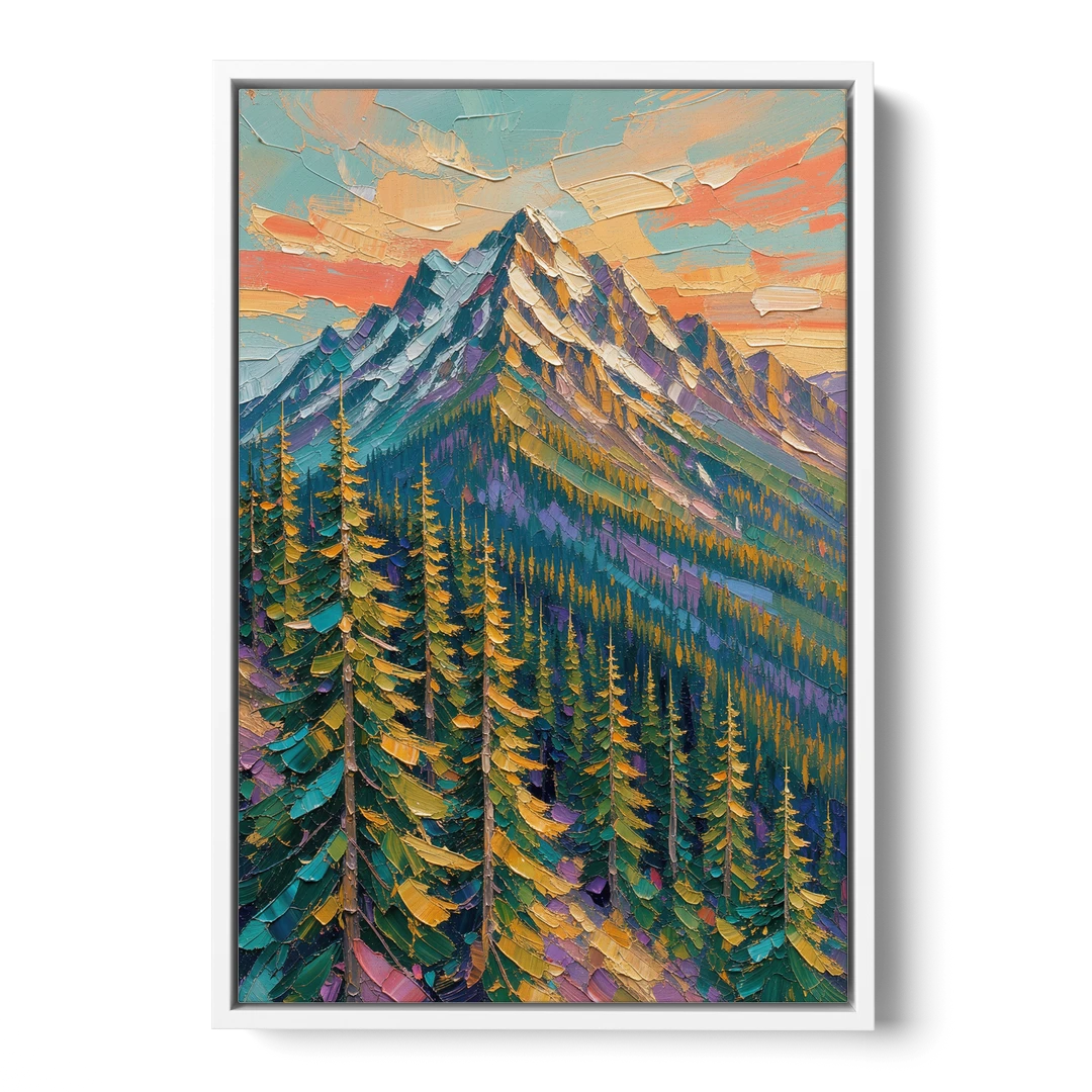 Knife-Laid Forest Pines Below the Mountain Peak - White Framed Canvas Wall Art - Front