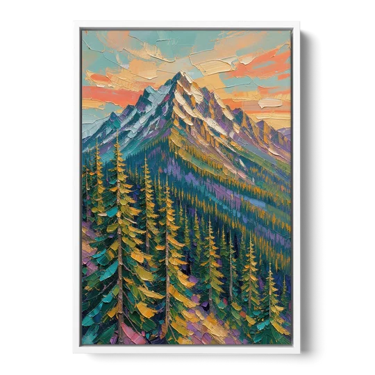 Knife-Laid Forest Pines Below the Mountain Peak - White Framed Canvas Wall Art - Front