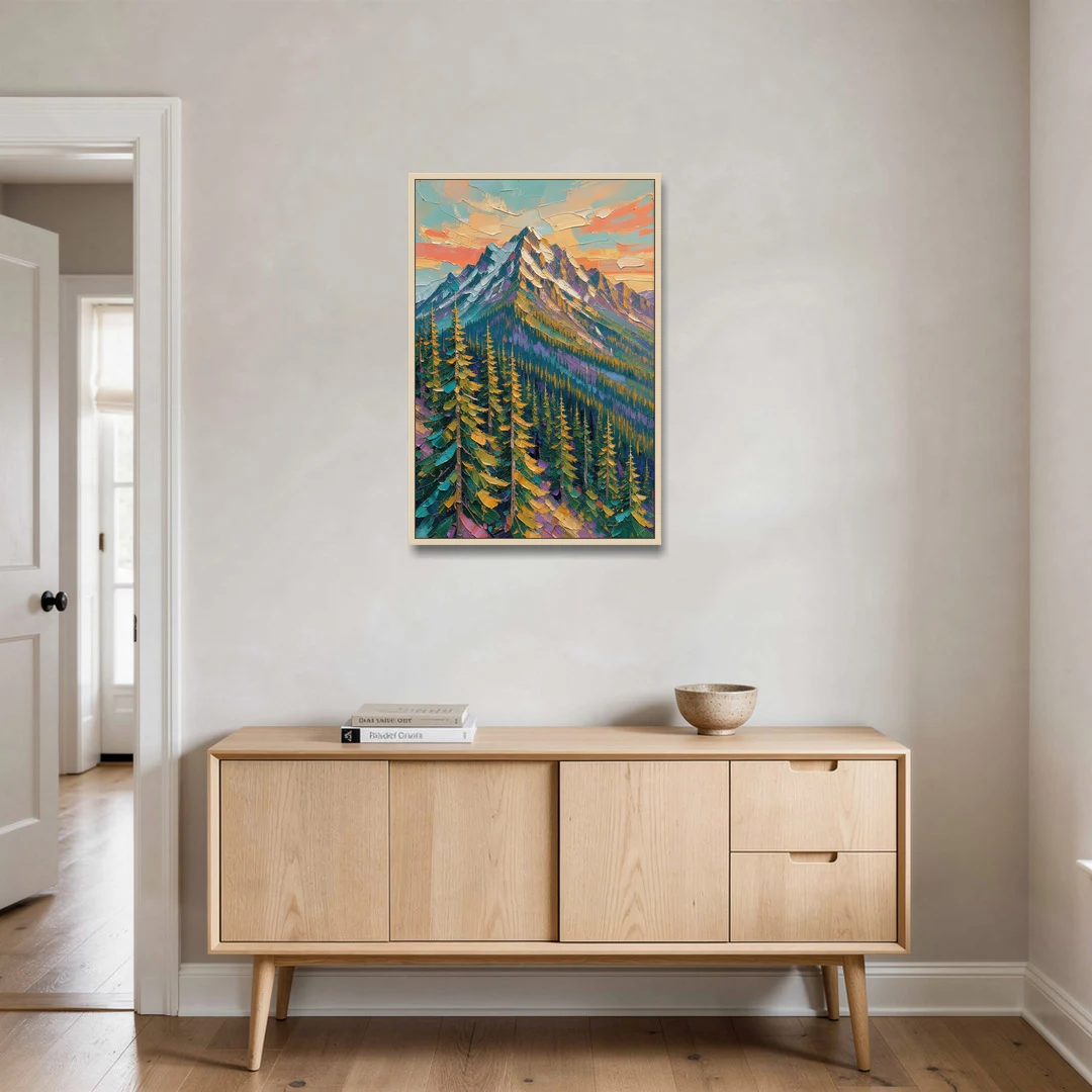 Knife-Laid Forest Pines Below the Mountain Peak - Oak Framed Canvas Wall Art - Coffee Table - 24x36