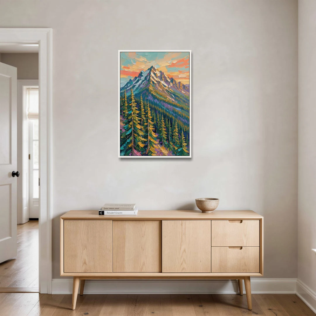 Knife-Laid Forest Pines Below the Mountain Peak - White Framed Canvas Wall Art - Coffee Table - 24x36