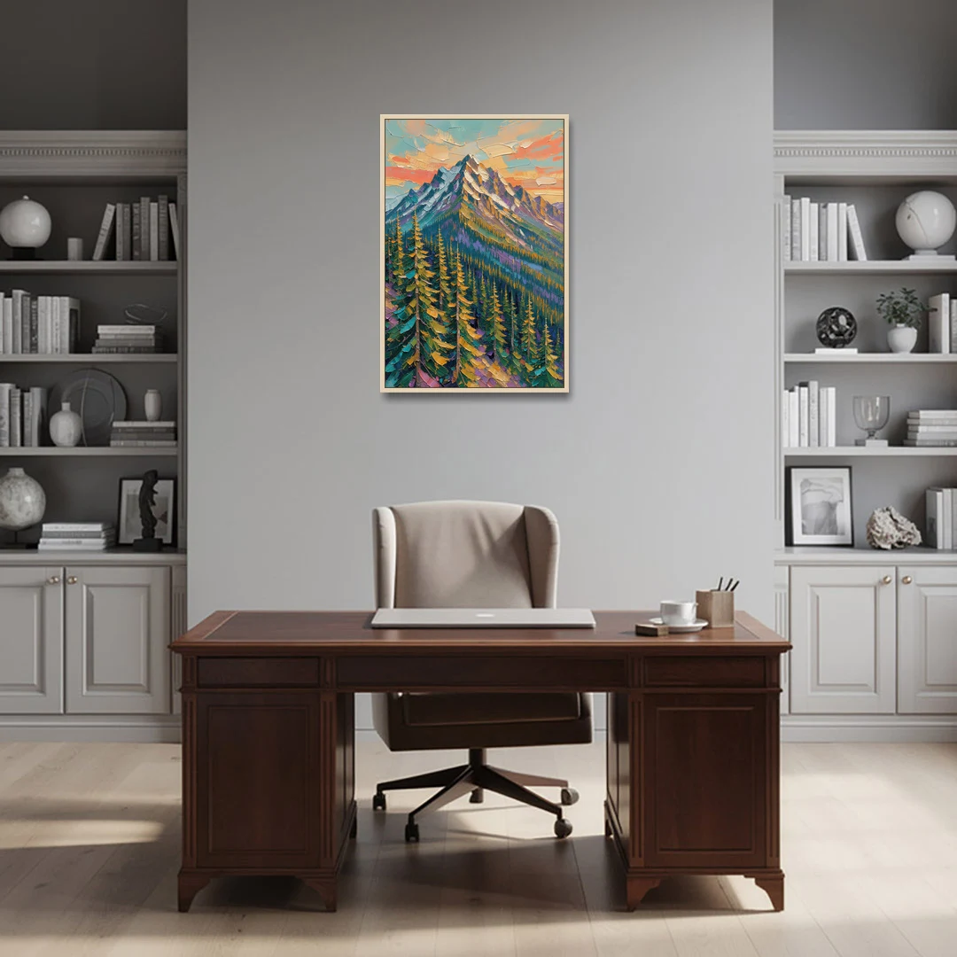 Knife-Laid Forest Pines Below the Mountain Peak - Oak Framed Canvas Wall Art - Office - 24x36