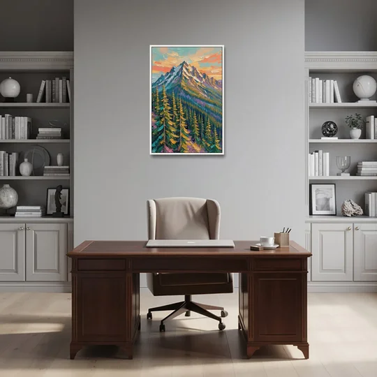 Knife-Laid Forest Pines Below the Mountain Peak - White Framed Canvas Wall Art - Office - 24x36
