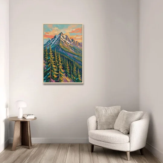 Knife-Laid Forest Pines Below the Mountain Peak - Oak Framed Canvas Wall Art - Sofa - 24x36
