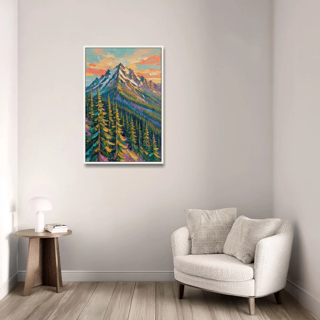 Knife-Laid Forest Pines Below the Mountain Peak - White Framed Canvas Wall Art - Sofa - 24x36