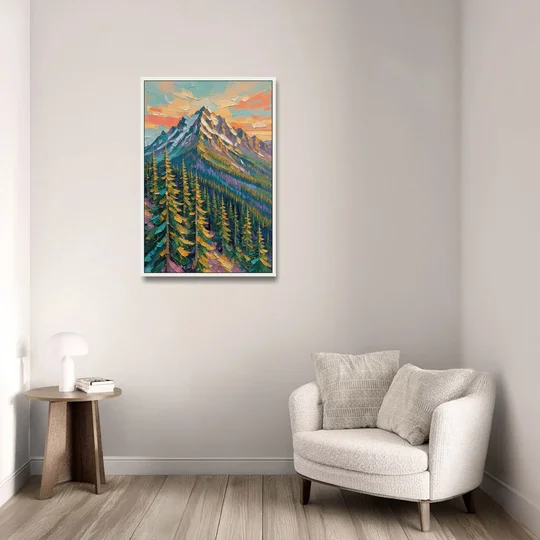 Knife-Laid Forest Pines Below the Mountain Peak - White Framed Canvas Wall Art - Sofa - 24x36