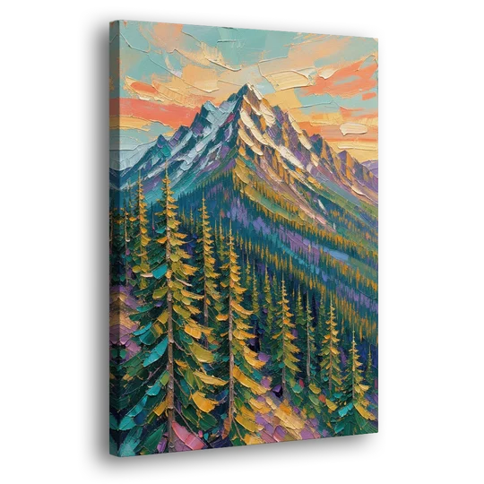 Knife-Laid Forest Pines Below the Mountain Peak - Canvas Wall Art - Side