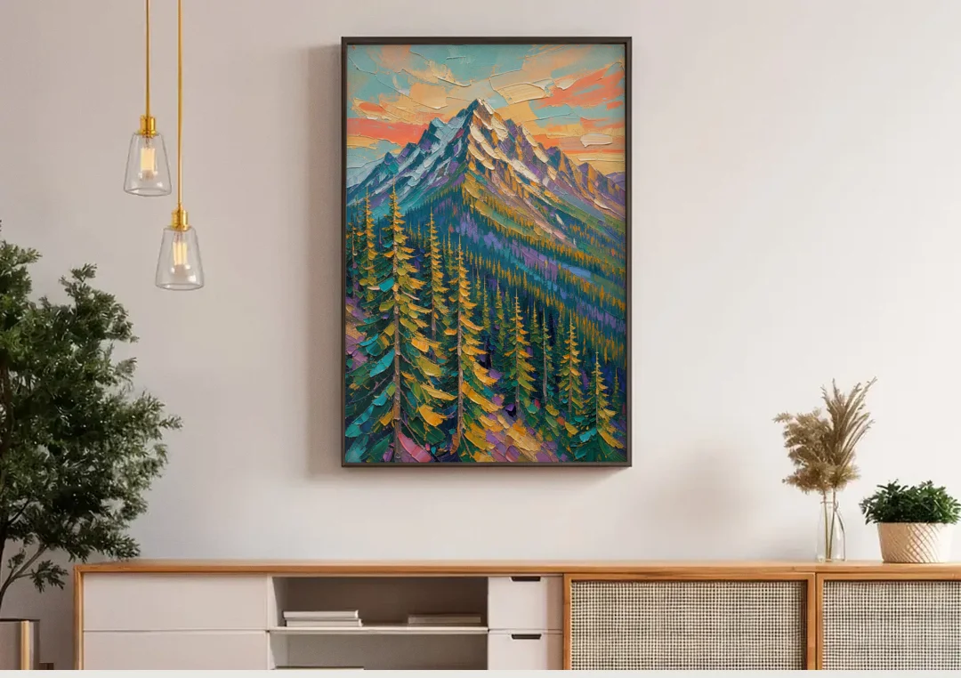 Knife-Laid Forest Pines Below the Mountain Peak canvas wall art above a wooden sideboard under pendant lights
