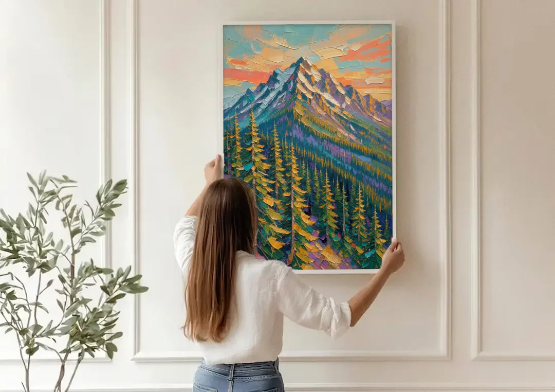 Knife-Laid Forest Pines Below the Mountain Peak canvas wall art being hung on a paneled wall