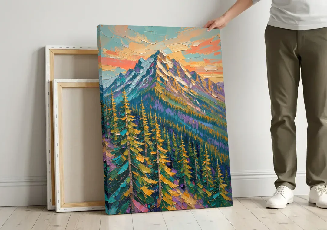 Knife-Laid Forest Pines Below the Mountain Peak canvas wall art leaning against a wall next to blank canvases