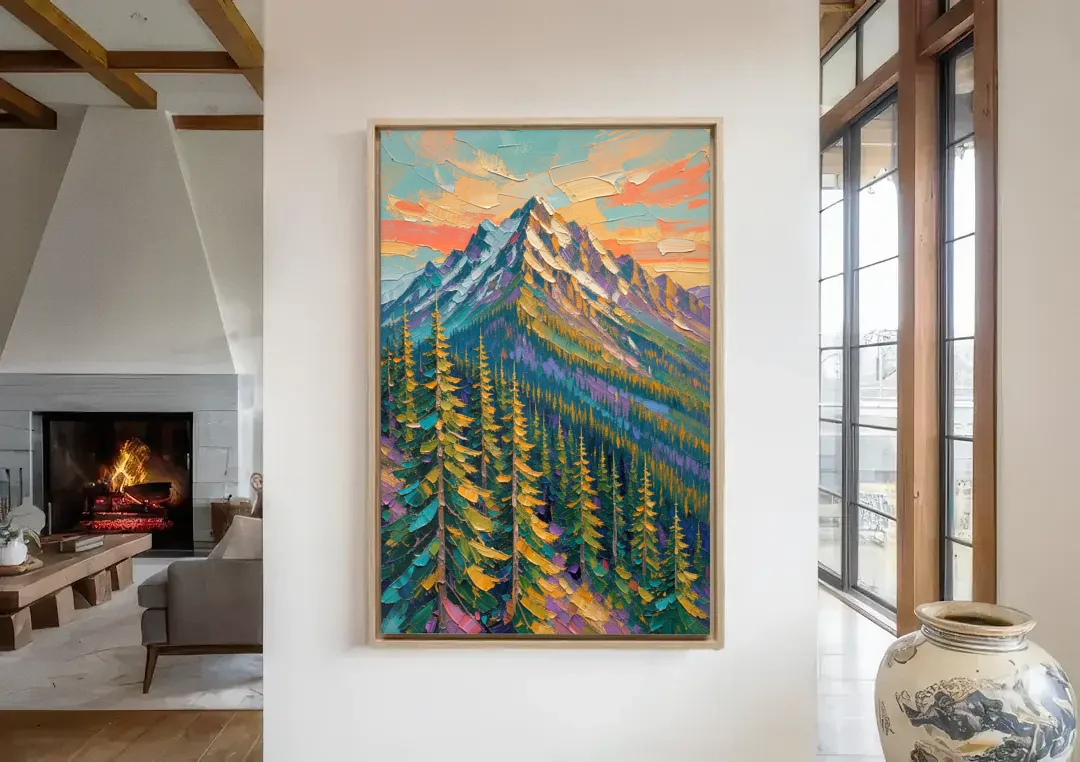 Knife-Laid Forest Pines Below the Mountain Peak canvas wall art in a living room with a fireplace