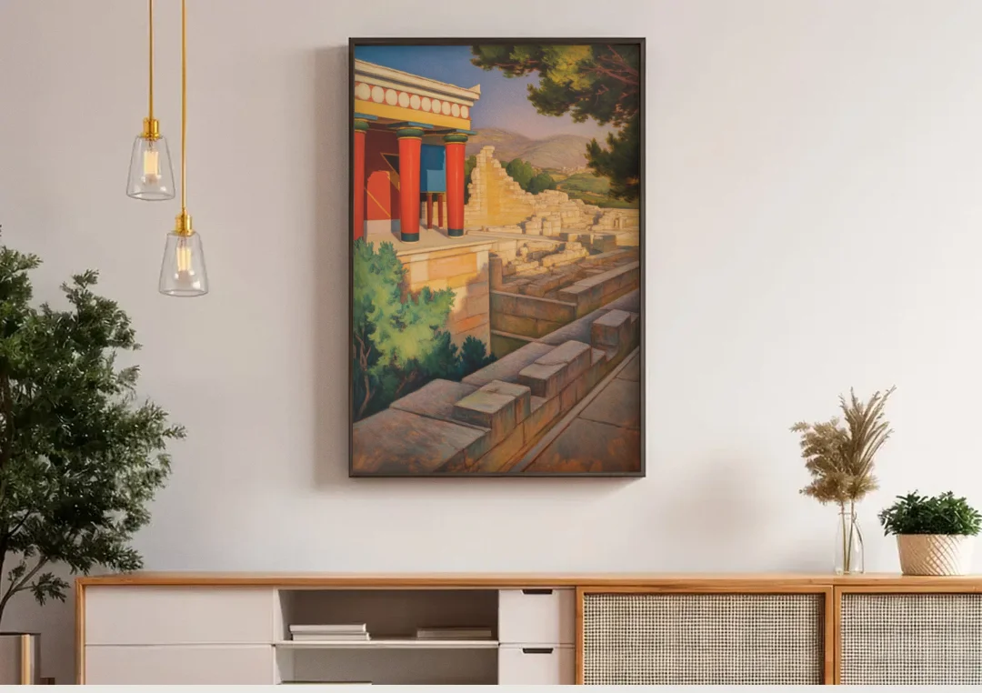Knossos Palace canvas wall art above a wooden sideboard under pendant lights