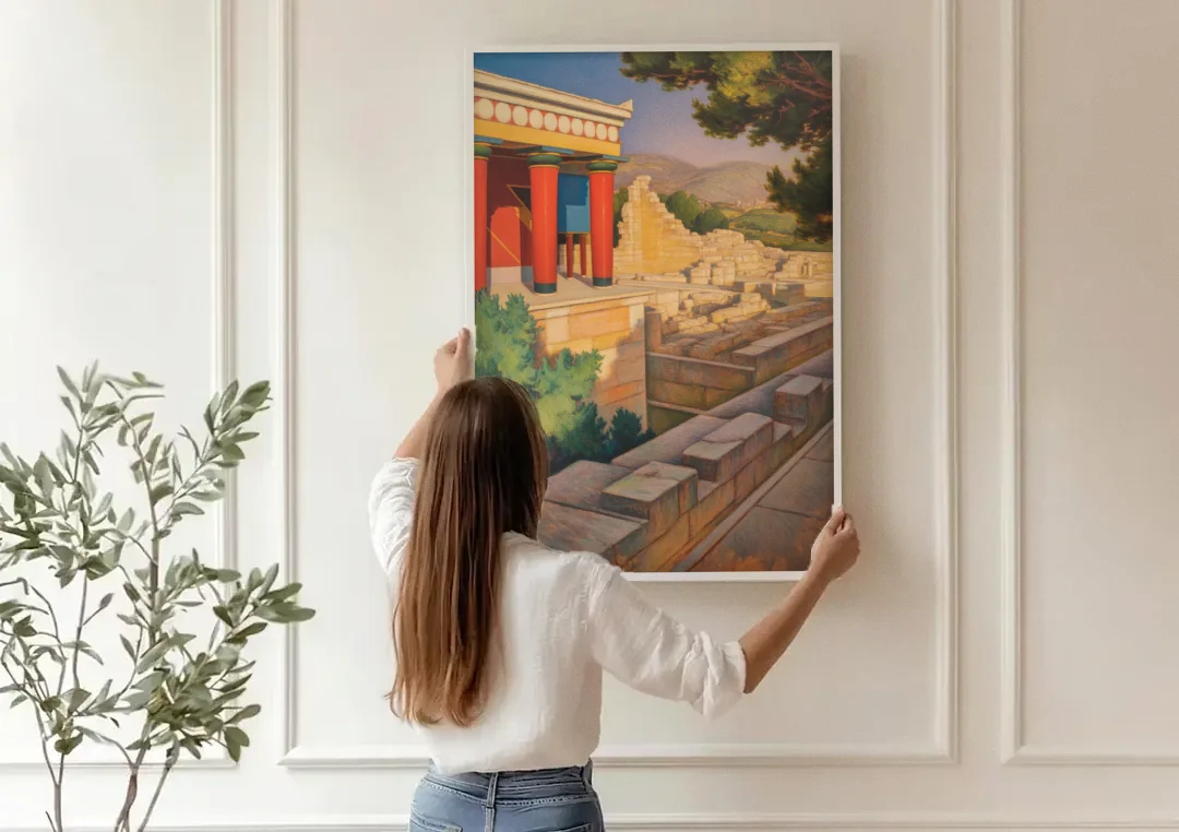 Knossos Palace canvas wall art being hung on a paneled wall