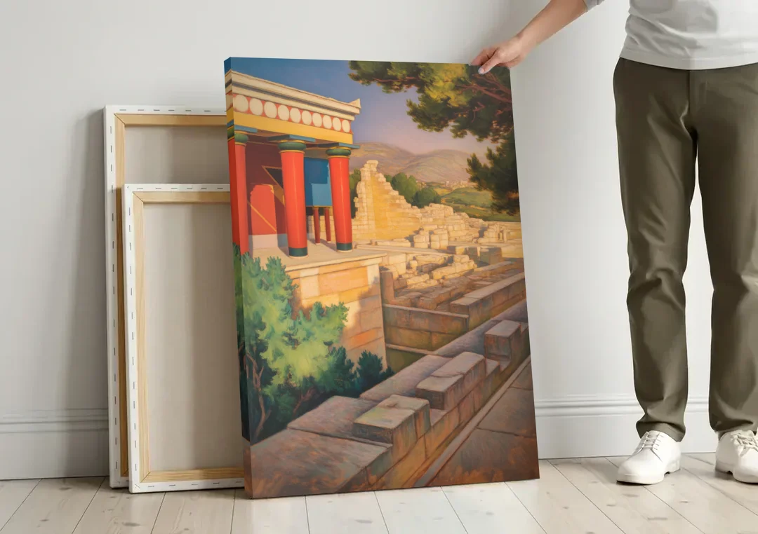 Knossos Palace canvas wall art leaning against a wall next to blank canvases