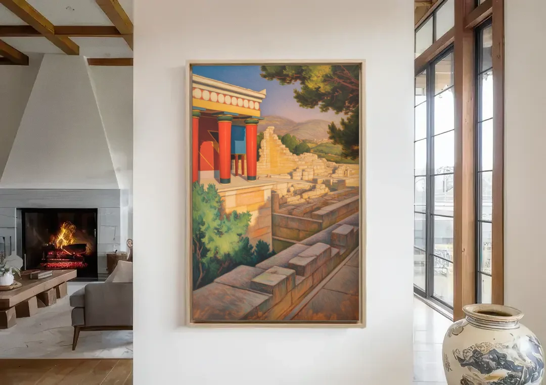 Knossos Palace canvas wall art in a living room with a fireplace