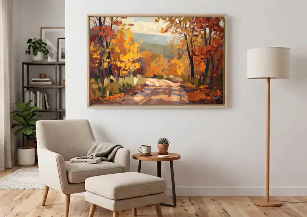 Knoxville Autumn Colors canvas wall art above an armchair in a bright living room