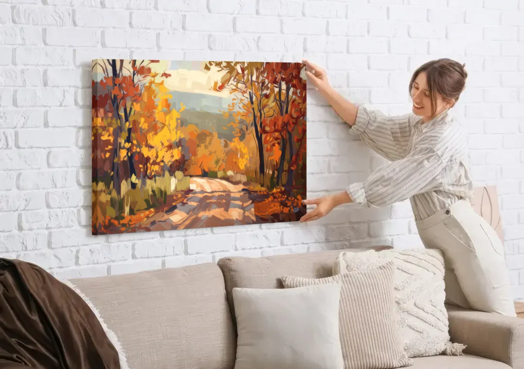 Knoxville Autumn Colors canvas wall art being hung on a white brick wall above a sofa