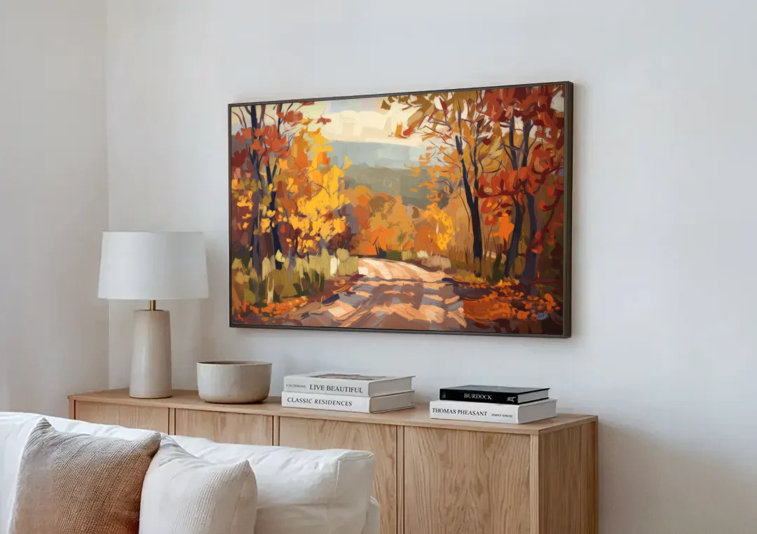 Knoxville Autumn Colors canvas wall art above a wooden sideboard next to a sofa
