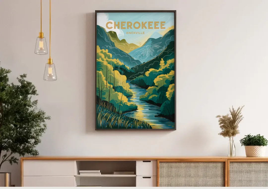Knoxville Cherokee Heritage canvas wall art above a wooden sideboard under pendant lights
