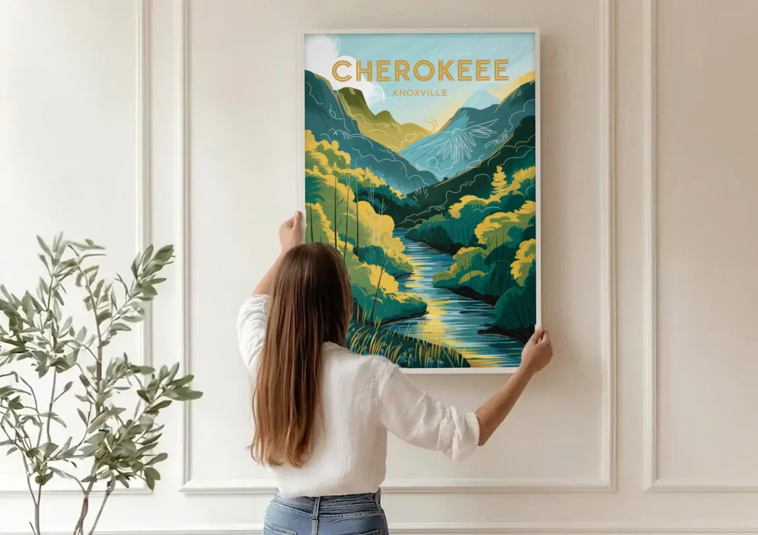 Knoxville Cherokee Heritage canvas wall art being hung on a paneled wall