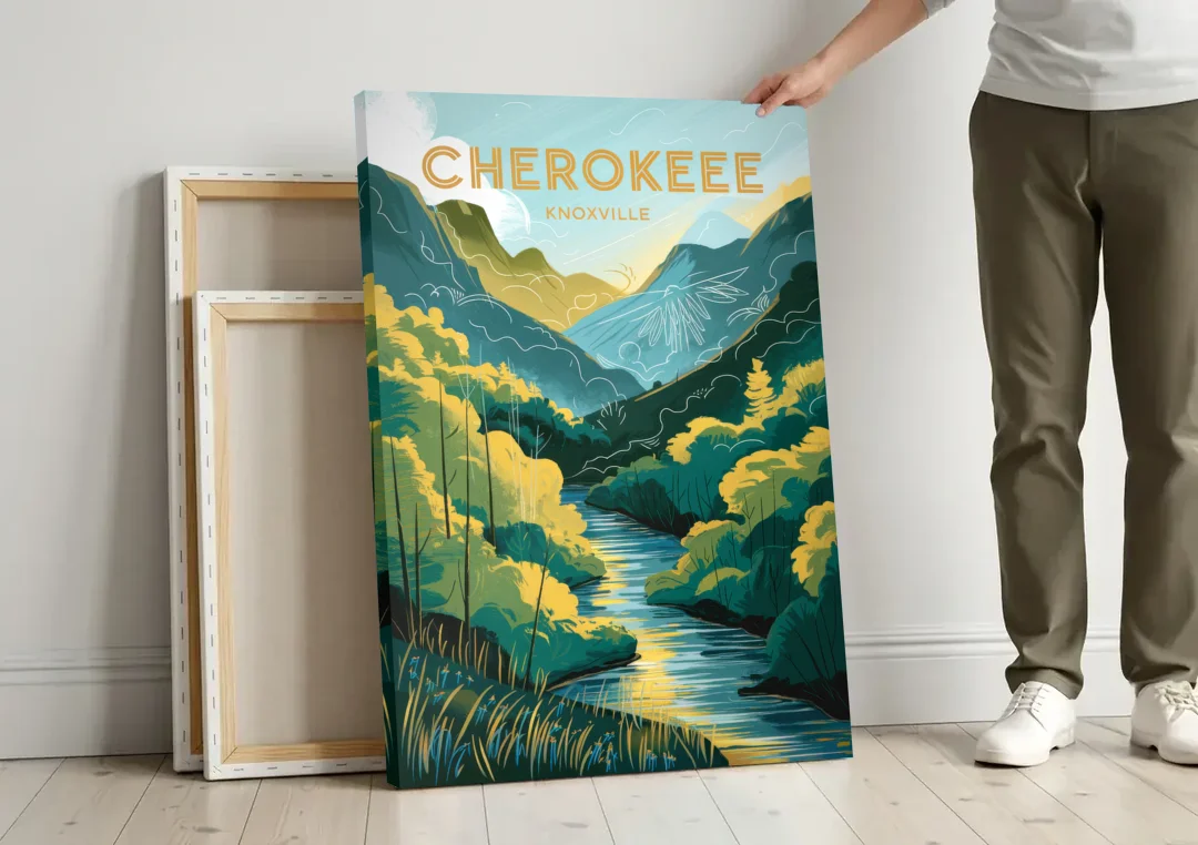 Knoxville Cherokee Heritage canvas wall art leaning against a wall next to blank canvases