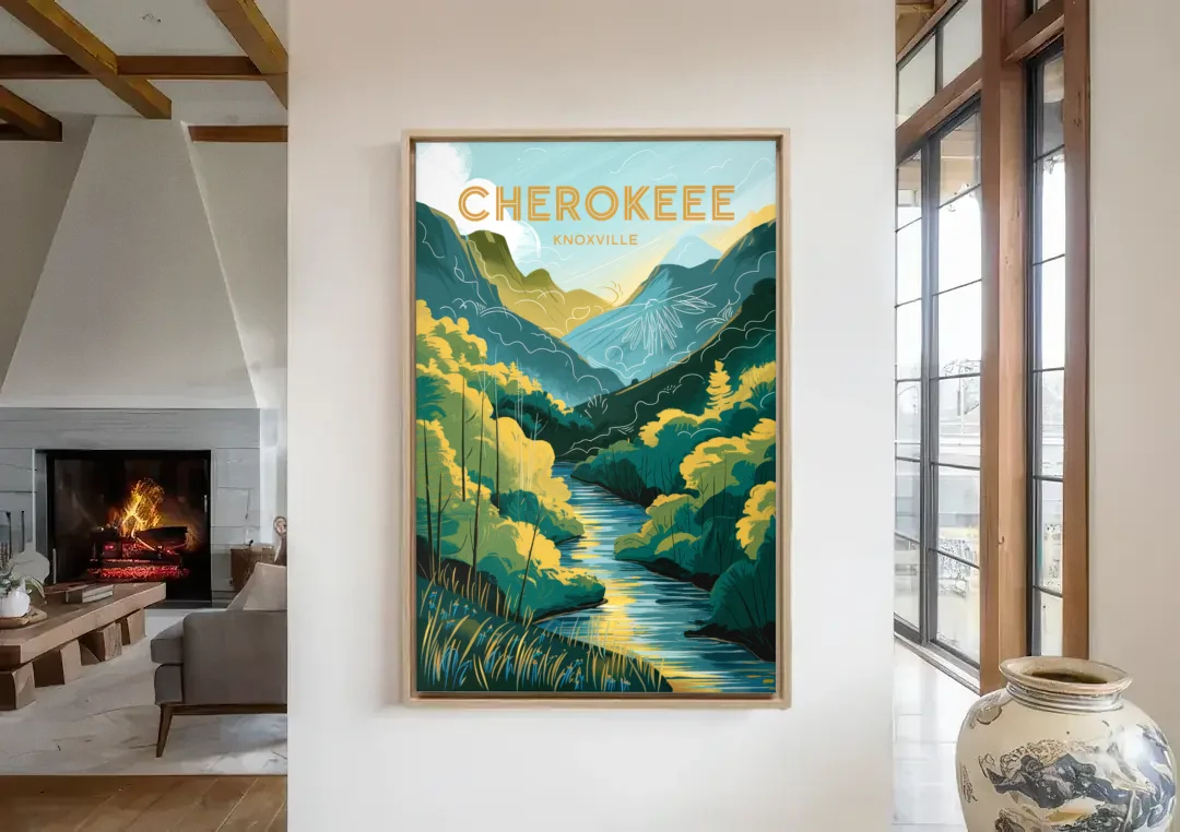 Knoxville Cherokee Heritage canvas wall art in a living room with a fireplace