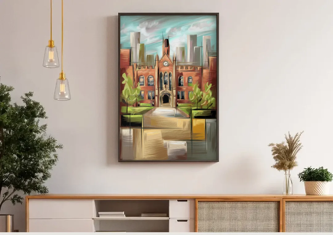 Knoxville College Spirit canvas wall art above a wooden sideboard under pendant lights