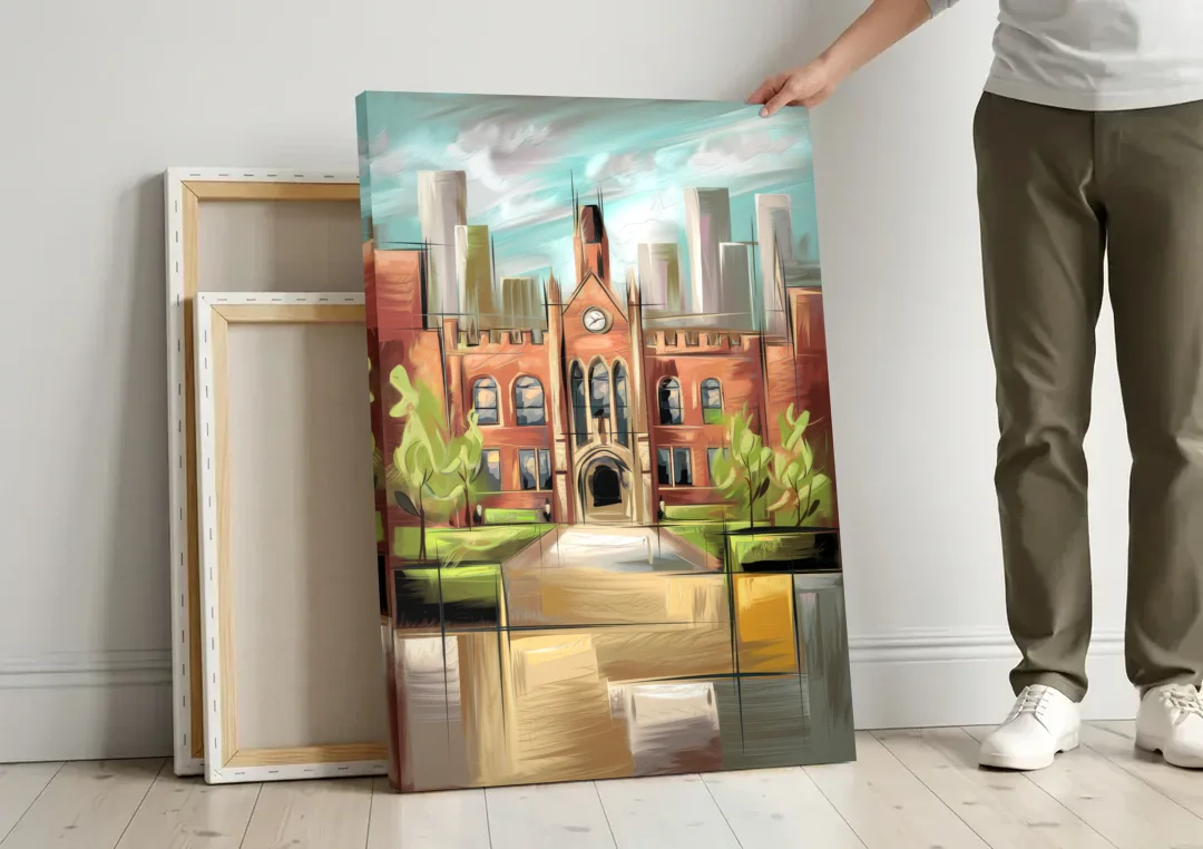 Knoxville College Spirit canvas wall art leaning against a wall next to blank canvases