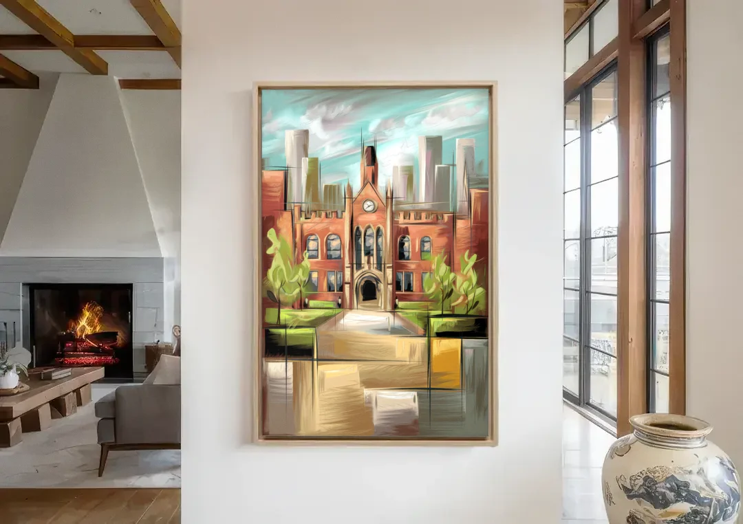 Knoxville College Spirit canvas wall art in a living room with a fireplace