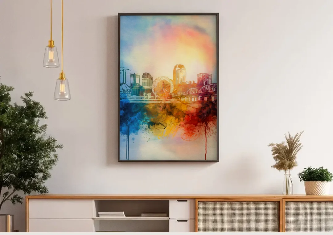 Knoxville Historic Landmarks canvas wall art above a wooden sideboard under pendant lights