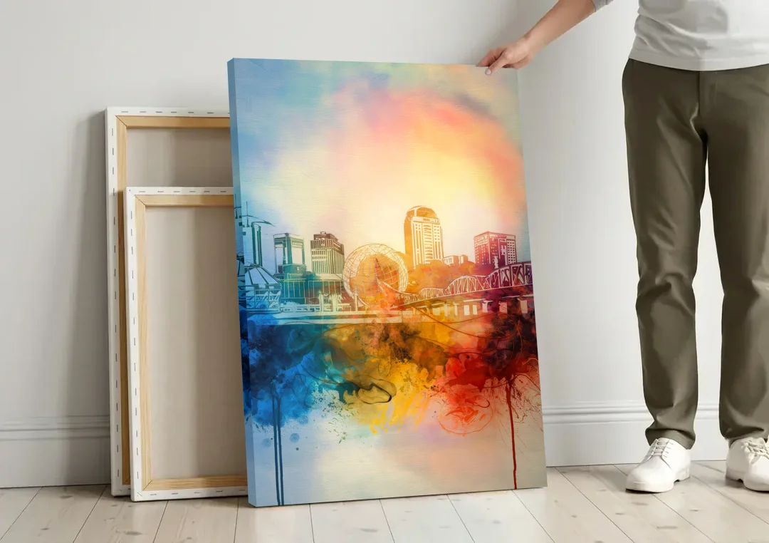 Knoxville Historic Landmarks canvas wall art leaning against a wall next to blank canvases