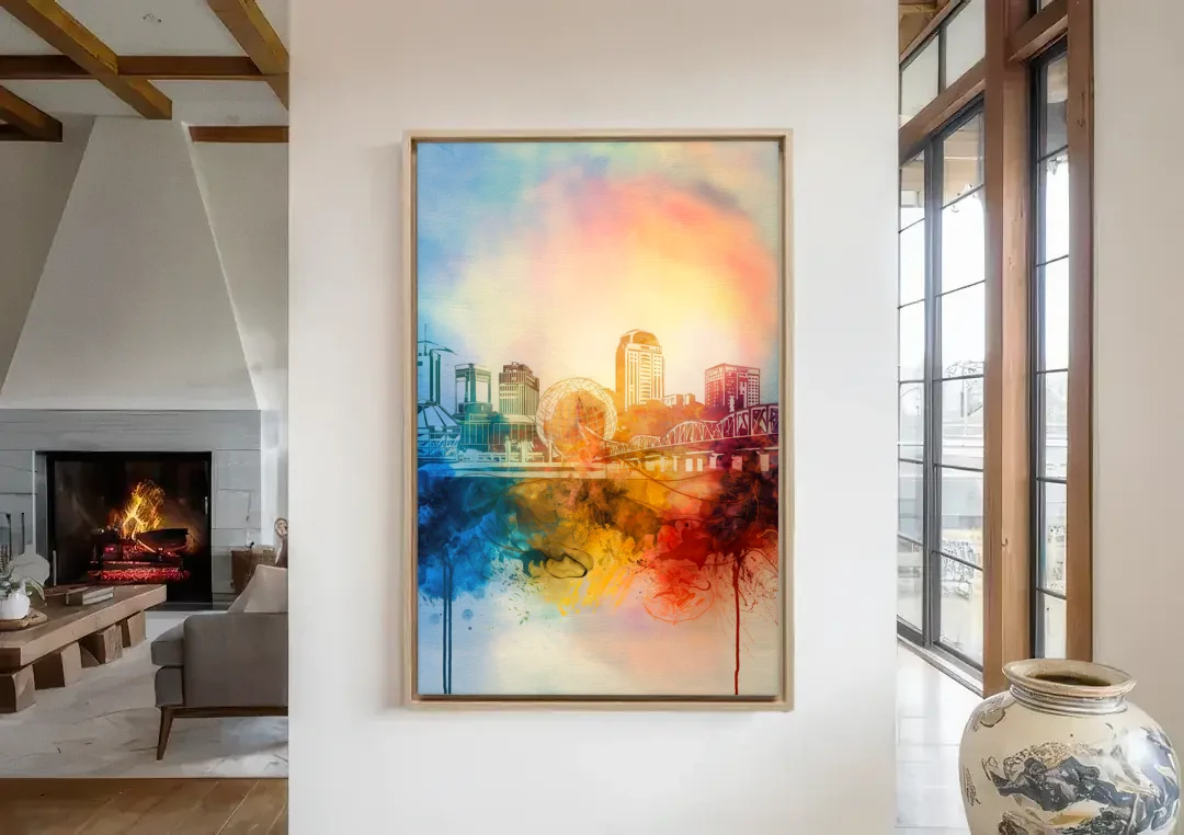 Knoxville Historic Landmarks canvas wall art in a living room with a fireplace