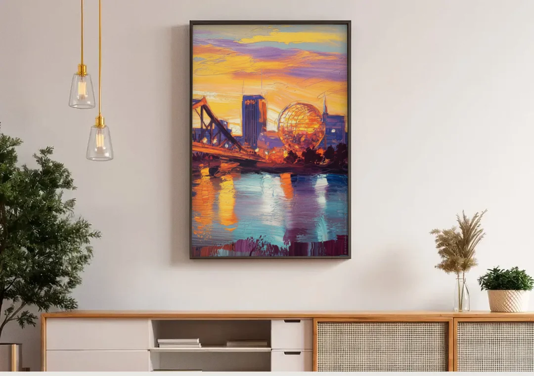 Knoxville Skyline Sunset canvas wall art above a wooden sideboard under pendant lights