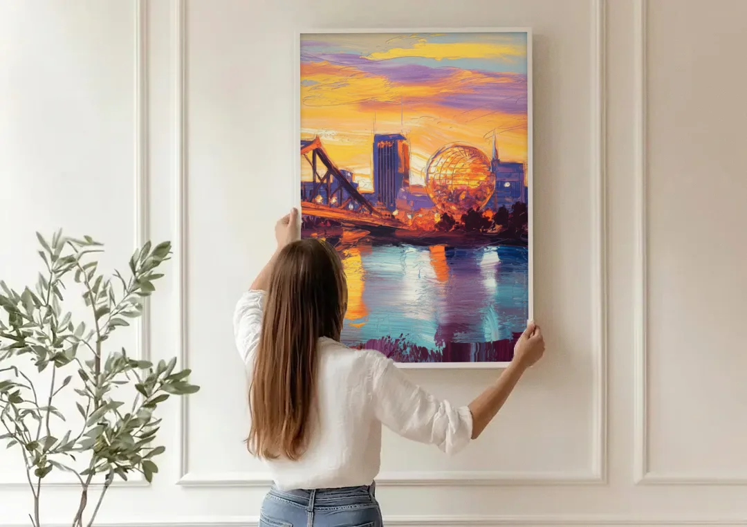 Knoxville Skyline Sunset canvas wall art being hung on a paneled wall