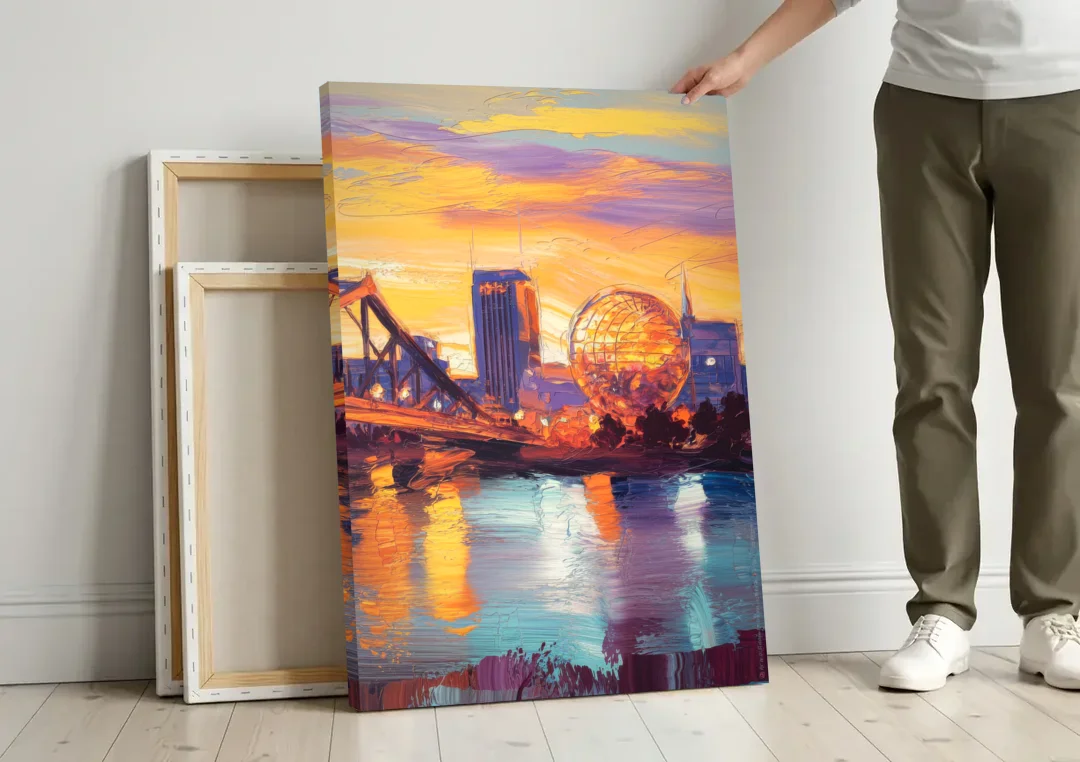 Knoxville Skyline Sunset canvas wall art leaning against a wall next to blank canvases