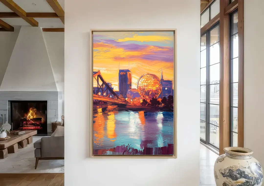 Knoxville Skyline Sunset canvas wall art in a living room with a fireplace