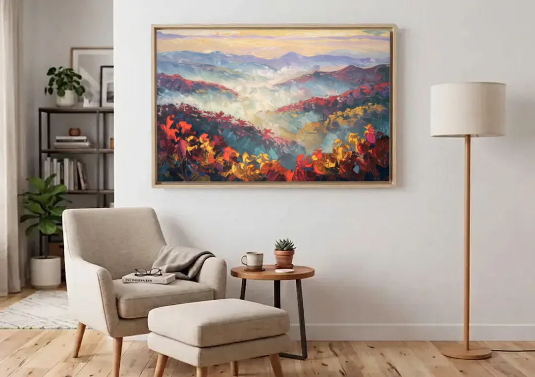 Knoxville Smoky Mountains Scene canvas wall art above an armchair in a bright living room